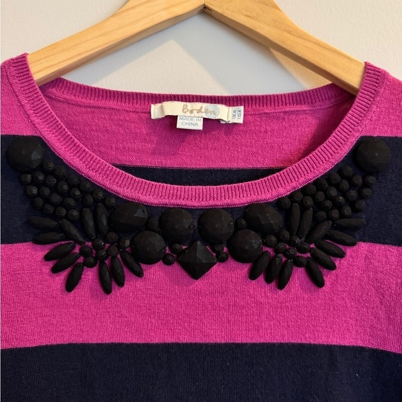 Fuchsia/Navy Striped Boden Sweater 1/2 Sleeve Neckline Embellishment - Picture 2 of 5